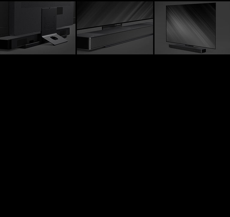 Um videoclipe está disponível acima. Abaixo, são mostradas 3 imagens com filtro cinza: um suporte; a versão apoiada; e uma TV montada na parede à esquerda.
