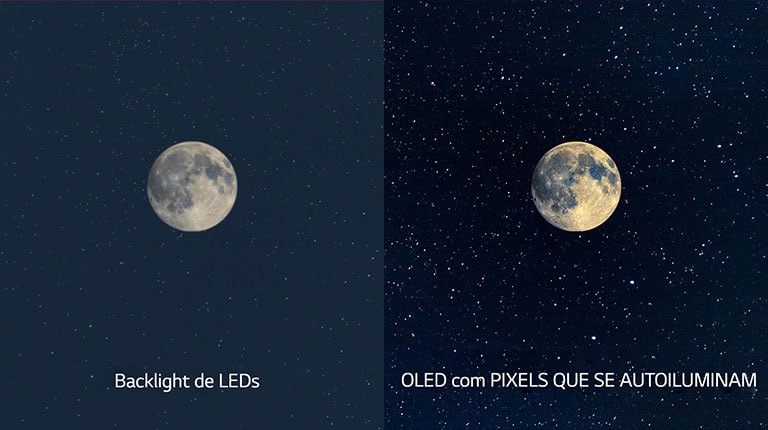 Uma cena da lua, LED do lado esquerdo com tons pretos pouco nítidos e OLED à direita com tons pretos perfeitos (reproduzir o vídeo)