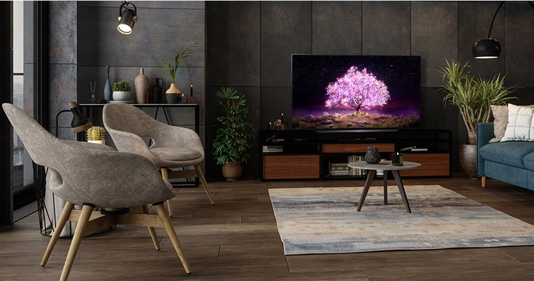 "Uma TV OLED A1 colocada em uma sala agradável. Na TV podemos ver a imagem de uma árvore verde brilhante."