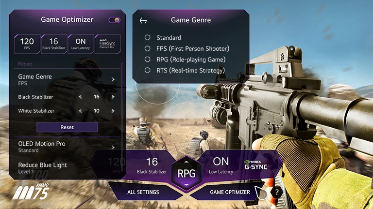 Um monitor exibe a cena de um jogo no qual um homem segura uma arma no meio da guerra, em visão de primeira pessoa. Na cena, o painel de jogos apareceu. A tela do otimizador é exibida quando o respectivo botão é clicado no painel de jogos.