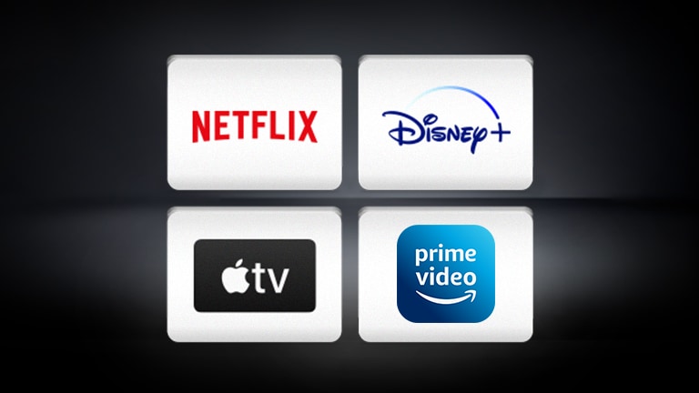 Os logotipos da Netflix, Disney , Apple TV e Amazon prime video estão organizados horizontalmente no fundo preto.