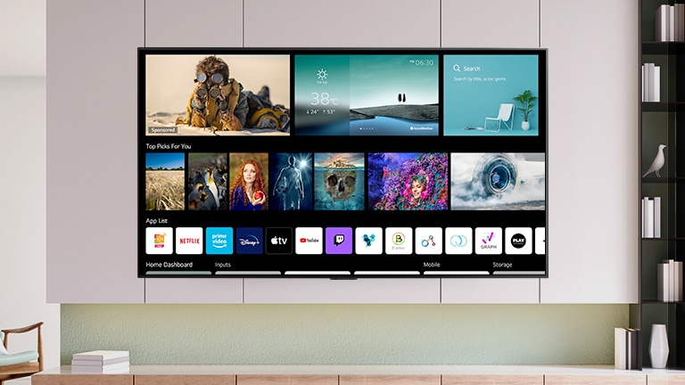 Um display de TV com tela de início renovada, com conteúdos e canais personalizados