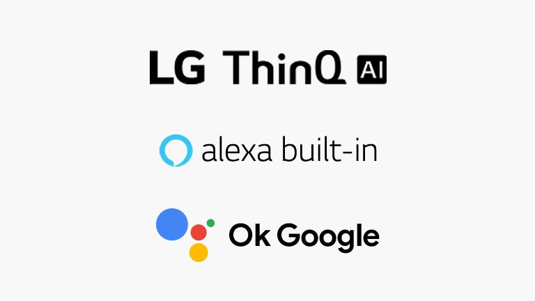 Este cartão descreve os comandos de voz. Logotipo LG ThinQ AI, logotipo Hey Google e logotipo Amazon Alexa incluídos.