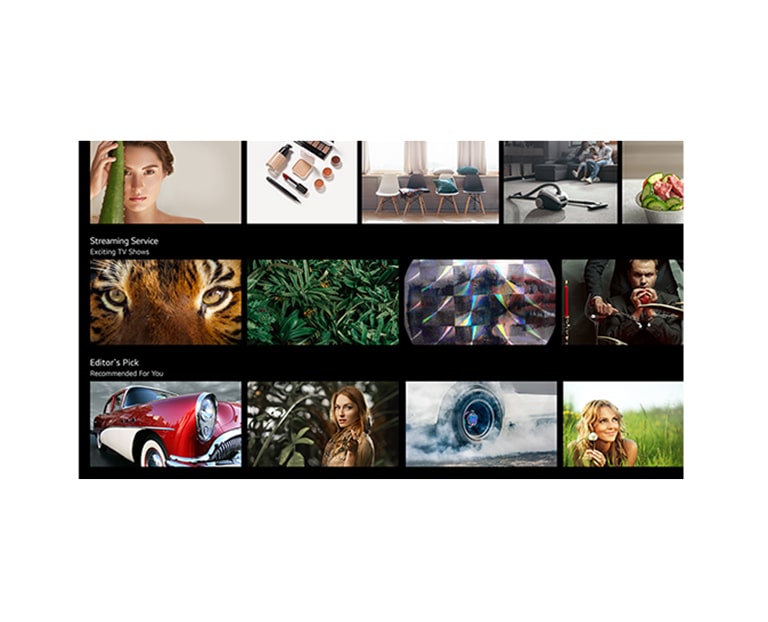 Display de TV que mostra vários conteúdos listados e recomendados pela LG ThinQ AI