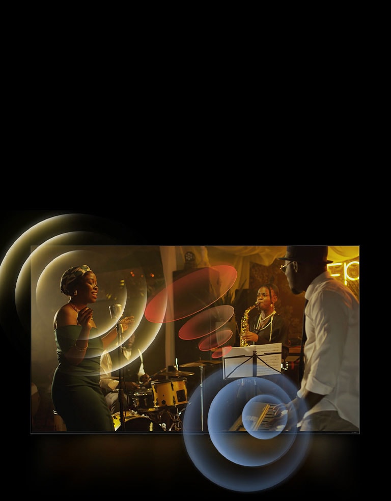 Uma imagem de uma TV da LG mostrando músicos se apresentando, com gráficos de círculos brilhantes ao redor do espaço.
