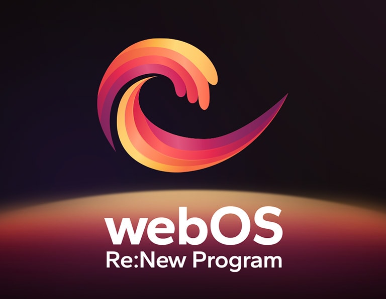 Uma imagem do logotipo do webOS Re:New Program apresentado sobre um fundo preto com a parte superior de uma esfera azul e roxa na parte inferior.