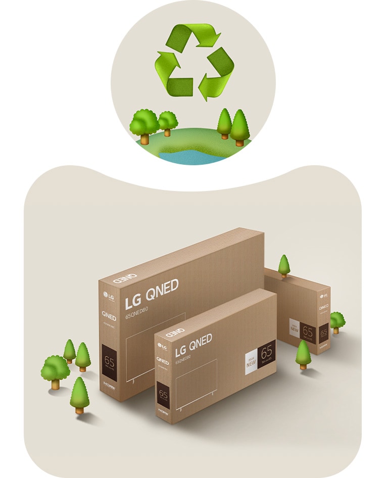 Uma imagem de uma embalagem da LG QNED em um fundo bege com ilustrações de árvores.