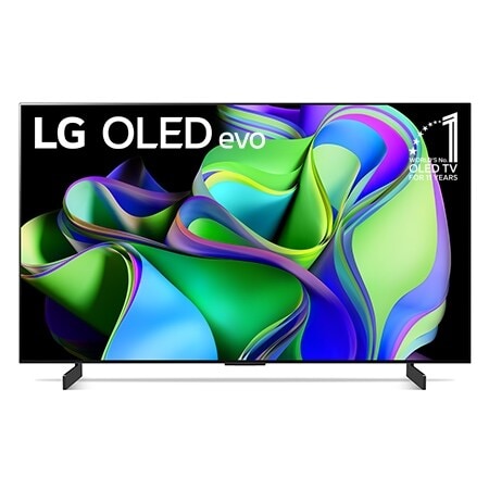 Vista frontal da LG OLED evo com o emblema 11 Anos TV OLED Nº 1 no Mundo na tela.