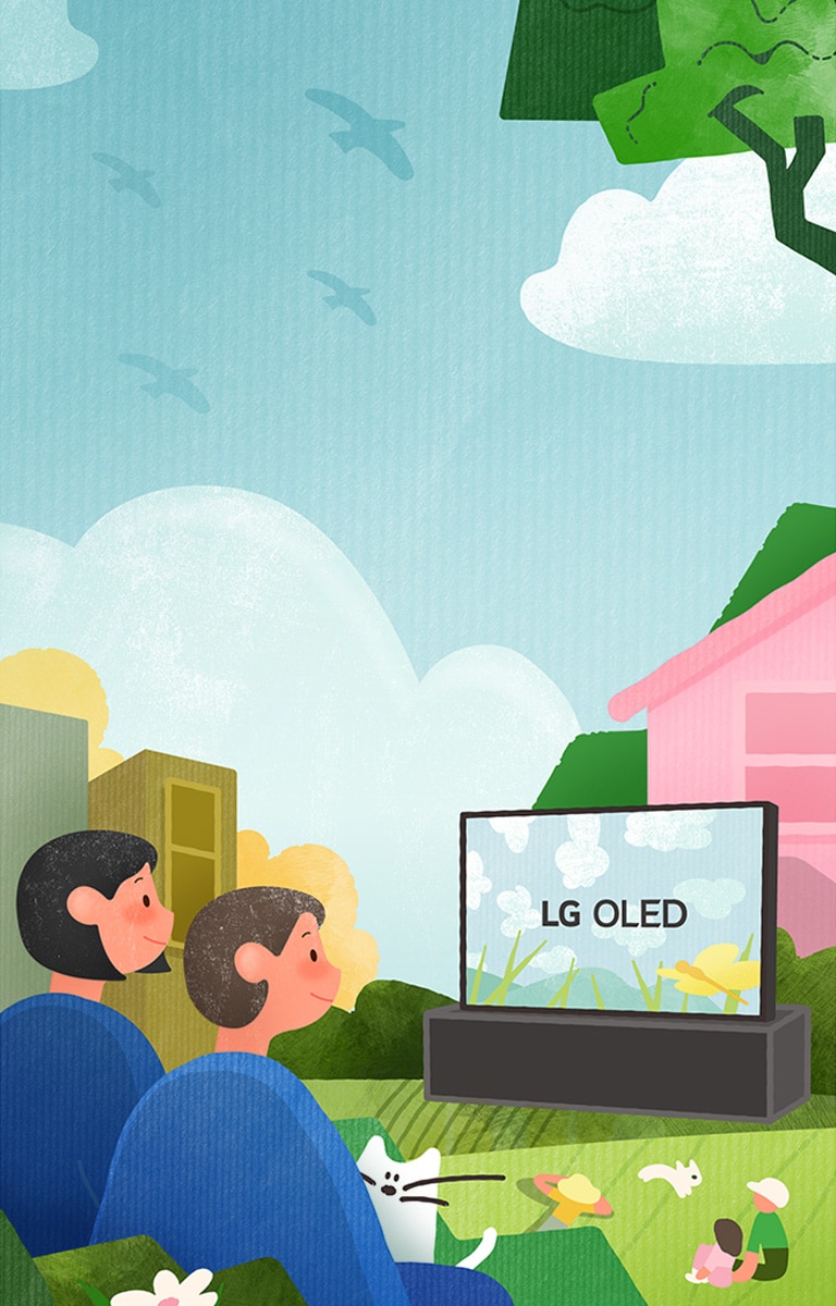 Ilustração de pessoas assistindo à LG OLED em um espaço verde, natural e pujante, com flores, pássaros e vista para o mar.