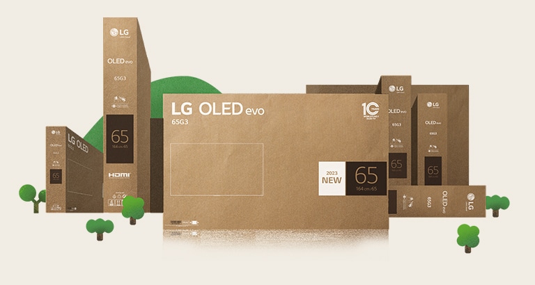 Ilustração de uma cidade cheia de natureza criada com a embalagem ecológica da LG OLED.