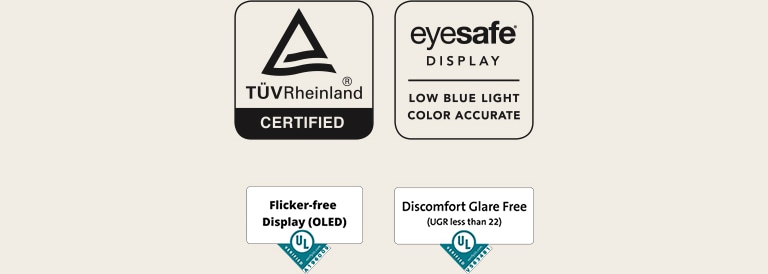 Logotipos TUV Rheinland e Eyesafe Display, logotipo Flicker-free Display, logotipo Discomfort GlareFree
