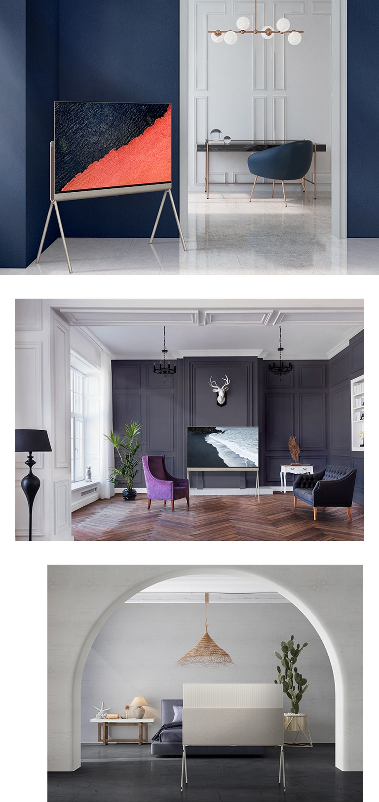 Posé in three interior spaces. The first is seen in the corner of a navy painted wall with a black and red artwork on-screen, while a desk and navy armchair are in the room behind it. The second is seen in the center of a modern, charcoal painted wall underneath a deer mount with an image of waves on-screen. The third is seen from behind in the center of the room and used as an artful statement piece in front of the bed.