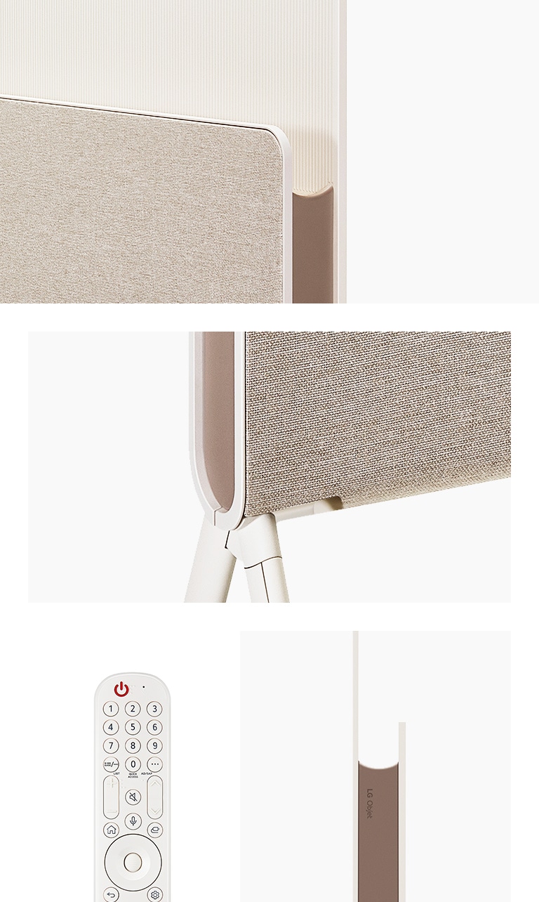 Close-ups of Posé from the back at an angle, and from the side. Partial view of Magic Remote in Beige.
