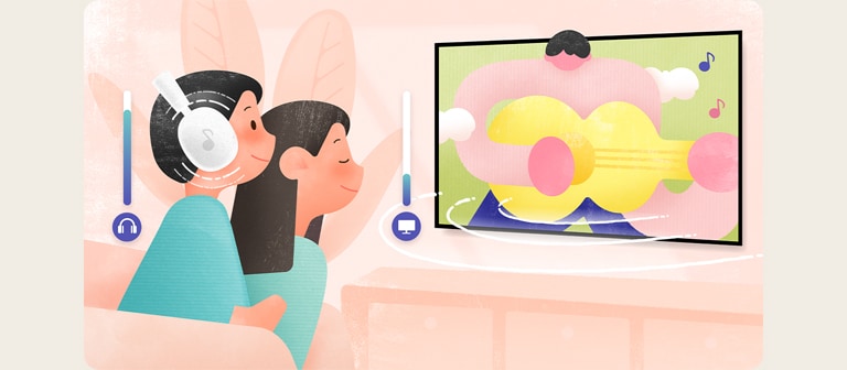 An illustration of two people watching a musical performance on LG OLED. The boy is wearing headphones with the volume up high. The woman is listening from the TV speakers with the volume down low.
