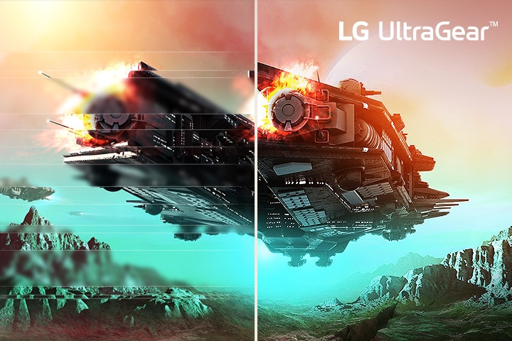 Comparison of fluid gaming image - The left image is tearing, and the Right image is tear-free.