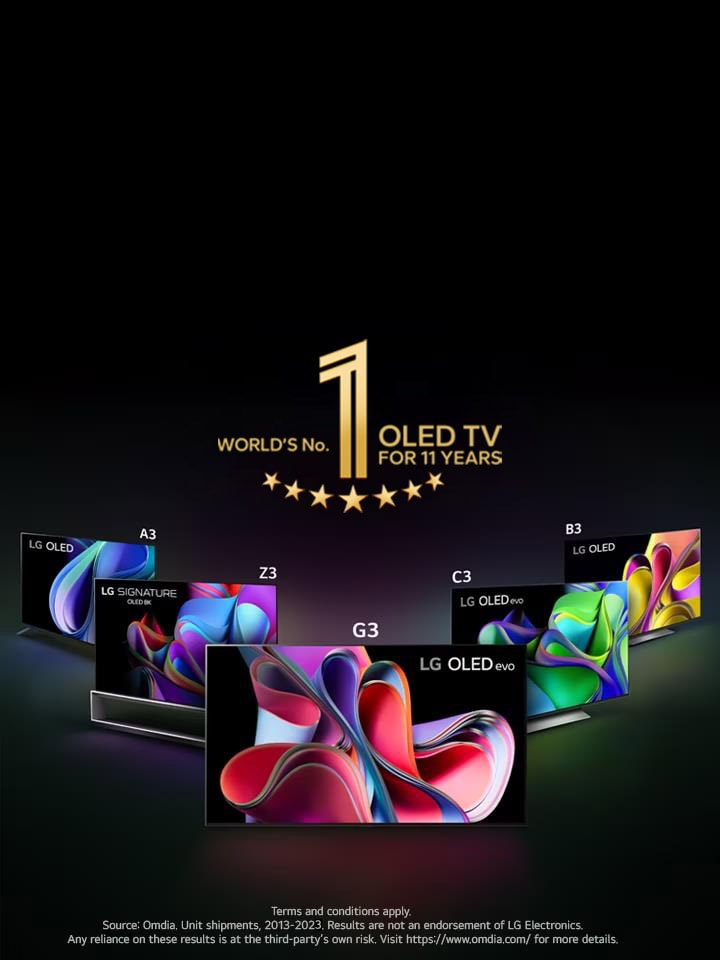 An image of the LG OLED lineup against a black backdrop standing in a triangle formation at angles with LG OLED G3 in the middle facing forward. Each TV shows a colorful and abstract artwork on screen. The "10 Years World's No.1 OLED TV" emblem is also in the image. 