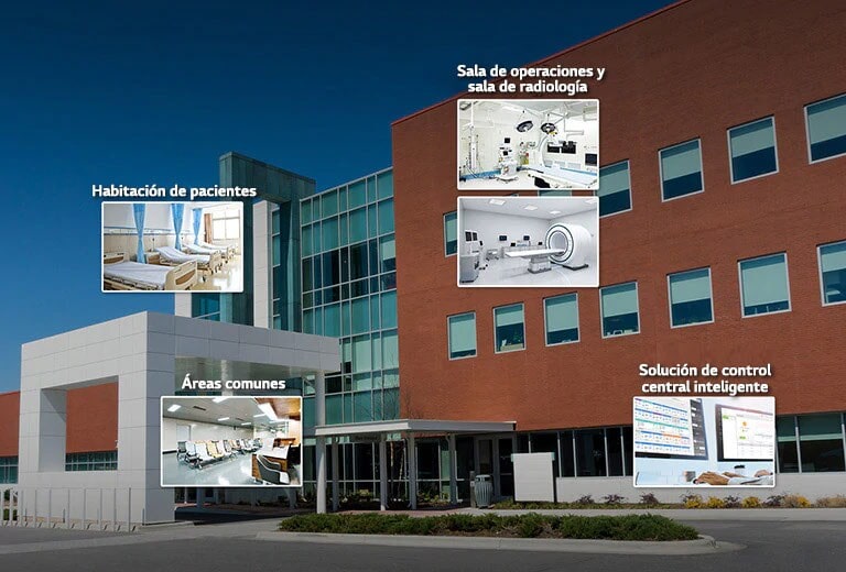 Imagen de un hospital con miniaturas de habitación de paciente, áreas comunes, quirófano, sala de radiología y centro de control.