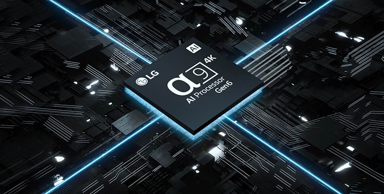 Video del Procesador α9 con IA 4K de sexta generación contra una placa de circuito. La placa se ilumina y del chip salen luces azules que representan su potencia.