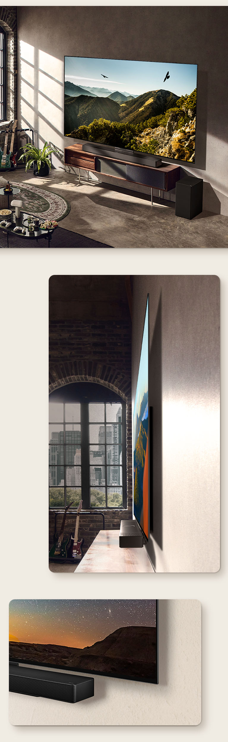Una imagen de LG OLED C3 con una Barra de Sonido en la pared en una sala artística. Una vista lateral de las delgadas dimensiones de LG OLED C3 frente a una ventana con vistas a un paisaje urbano. La esquina inferior de LG OLED C3 y Soundbar.