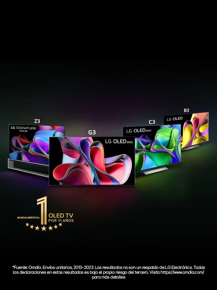 An image of LG OLED G3 against a black backdrop showing a bright pink and purple abstract artwork. The display casts a colorful shadow that features the word &quot;evo.&quot; The &quot;10 Years World's No.1 OLED TV&quot; emblem is in the top left corner of the image. 