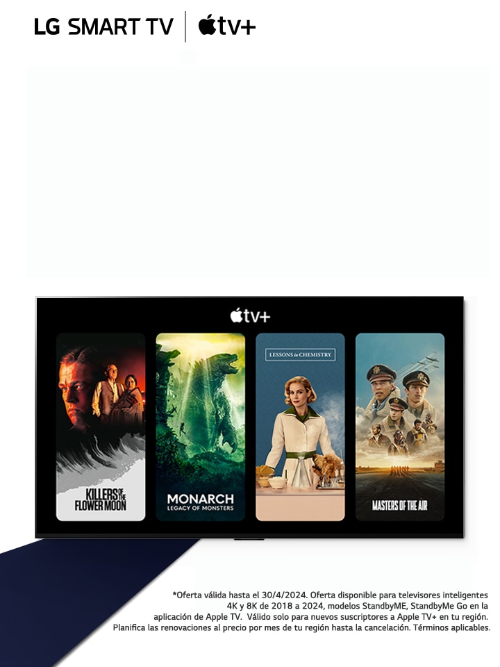 Una imagen de un televisor OLED LG. Contenidos de Apple TV en la pantalla y el titular es “Obtén 3 meses de Apple TV+ gratis con televisores inteligentes LG”.