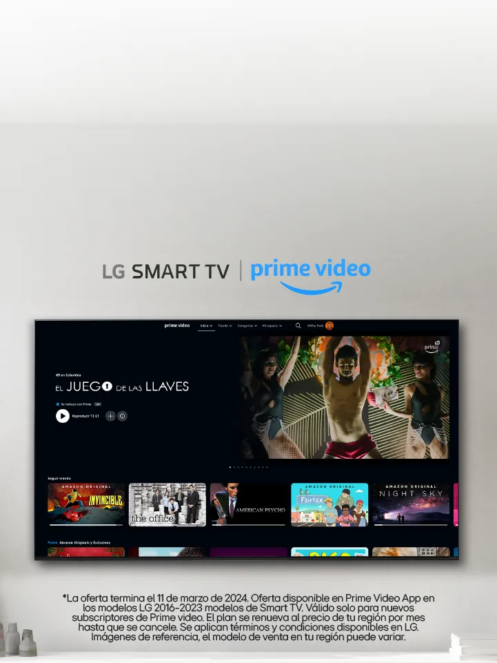Imagen de un televisor smart marca LG con la promoción de un mes gratis de prime video con la compra de LG smart TV