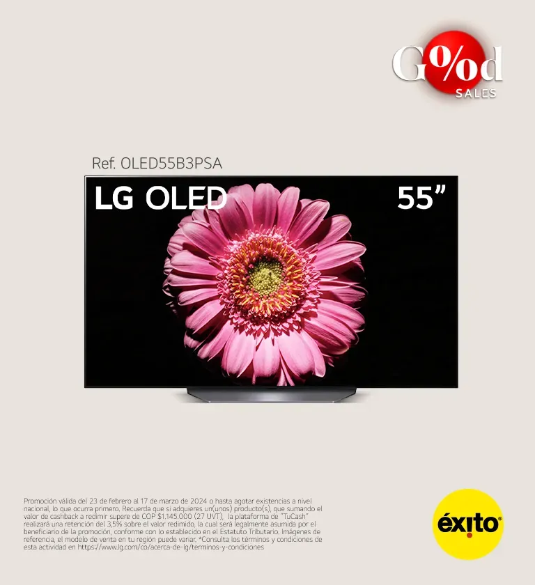 Imagen de un televisor smart marca LG de 55 pulgadas referencia OLED55b3, por la compra redime cashback de trescientos mil pesos y que aplica términos y condiciones en los almacenes exito