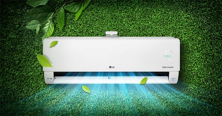 un aire acondicionado que respira aire fresco sobre césped verde