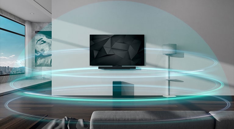 Blaue kuppelförmige dreilagige Klangwellen decken Soundbar und Fernsehgerät ab, die im Wohnzimmer an der Wand hängen.