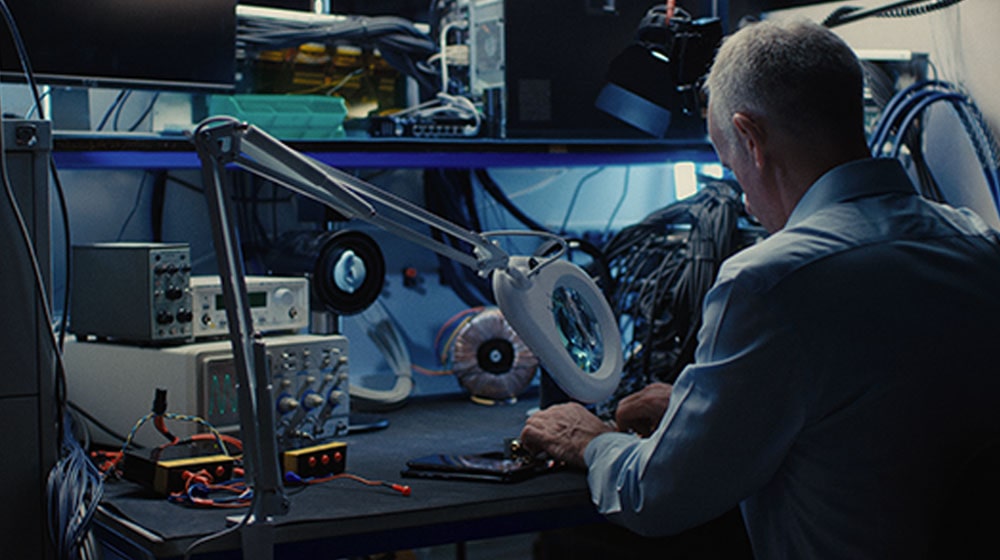 Ein Mann in einem Studio überprüft sorgfältig die Audiotechnologie.