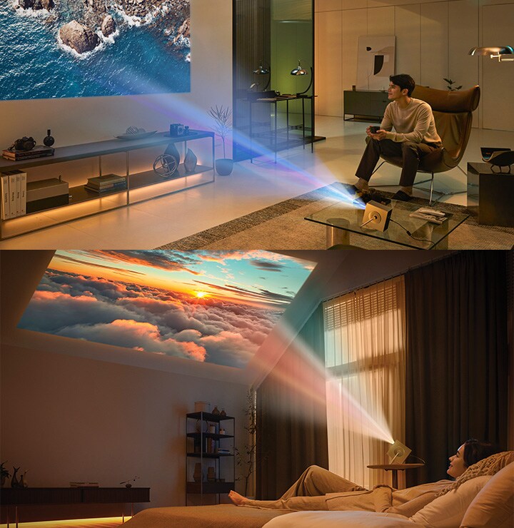 Diverses scènes d'utilisation du LG CineBeam HU710PB - salon et chambre à coucher.
