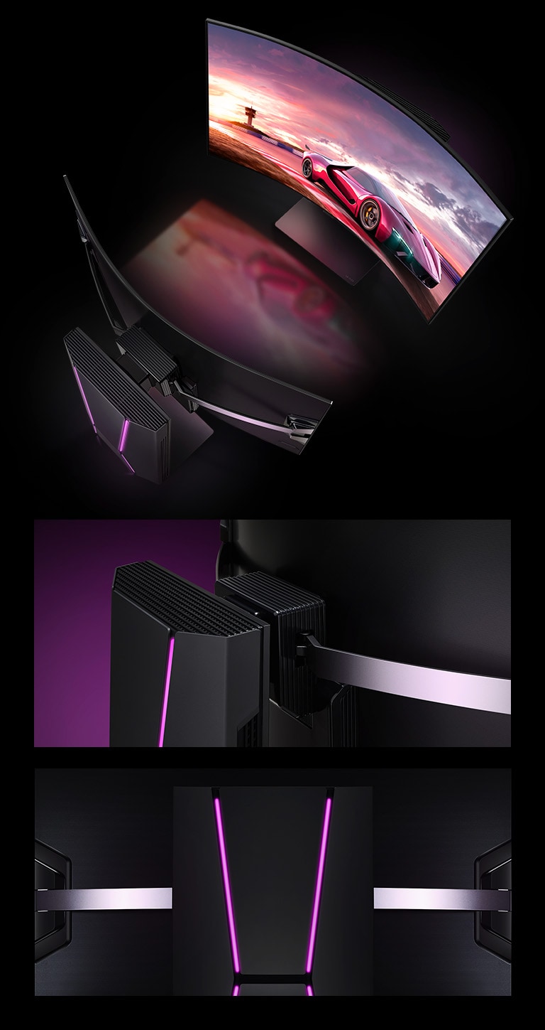 Trois images du LG OLED Flex. Pour commencer, deux téléviseurs sont vus d’en haut, debout et face à face. Ensuite, gros plan sur le design du bouclier vu d’en haut depuis un certain angle. La troisième image présente un gros plan de face du design du bouclier.