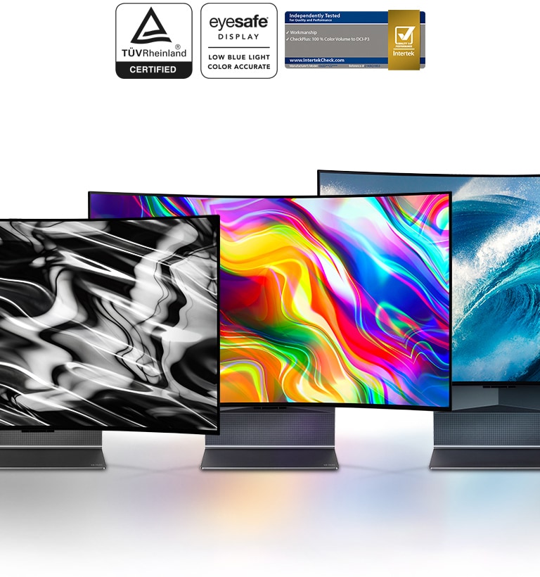 三部 LG OLED Flex 電視並排而立，畫面顯示黑色抽象圖、彩色抽象圖及藍色波浪圖。