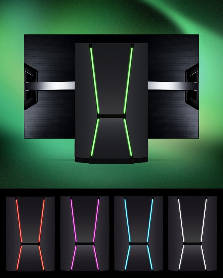 從背面顯示 LG OLED Flex，呈現綠色燈光。下面特寫顯示並排而列的紅色、紫色、藍色及灰色護盾設計。