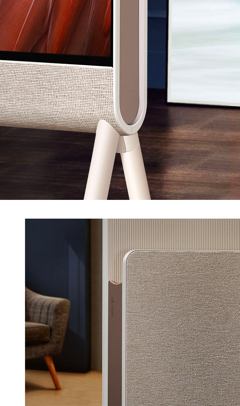 Posé 的正面特寫，聚焦織物，背景是木地板。媒體架和 LG Objet 標誌上的織物特寫，背景是一把扶手椅。