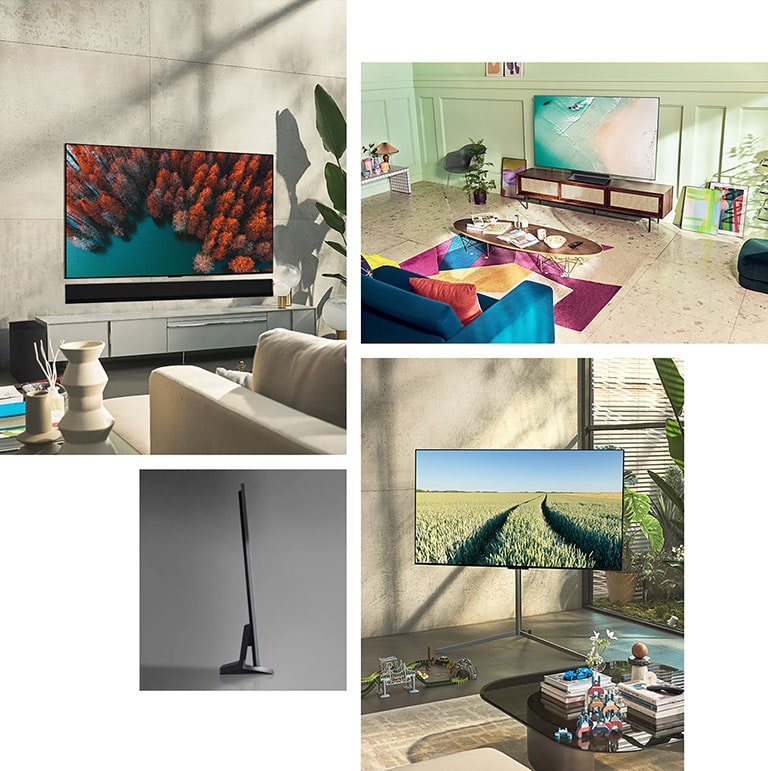 一部 LG OLED G2 掛在中性色客廳的牆上，客廳內有植物和質樸的裝飾品。一部 LG OLED G2 放置在薄荷綠色房間的電視架上，房間內擺放著色彩繽紛的藝術品和家具。配備 Gallery Stand 電視支架的 LG OLED G2 位於家庭住宅的角落。 LG OLED G2 超纖薄邊緣的側視圖。