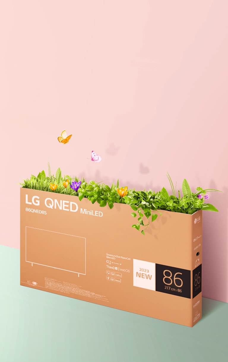 QNED 包裝盒有著粉紅及綠色背景襯托，盒內延伸出草及蝴蝶。