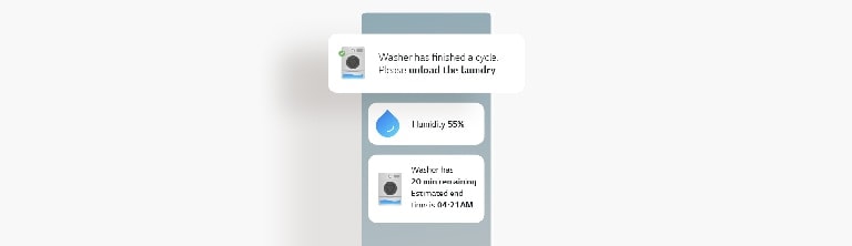 圖片顯示一個螢幕上呈現 LG ThinQ 應用程式中洗衣機狀態更新的畫面。