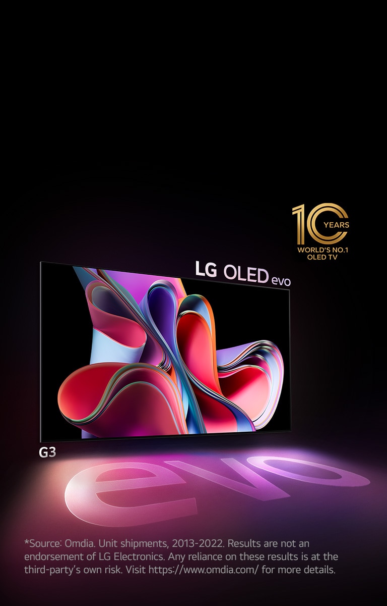 圖片顯示黑色背景映襯下的 LG OLED G3，畫面顯示明亮的粉紅及紫色抽象藝術作品。顯示屏投射出寫有「evo」一字的彩色陰影。「10 Years World's No.1 OLED TV」徽章顯示在圖片的左上角。 