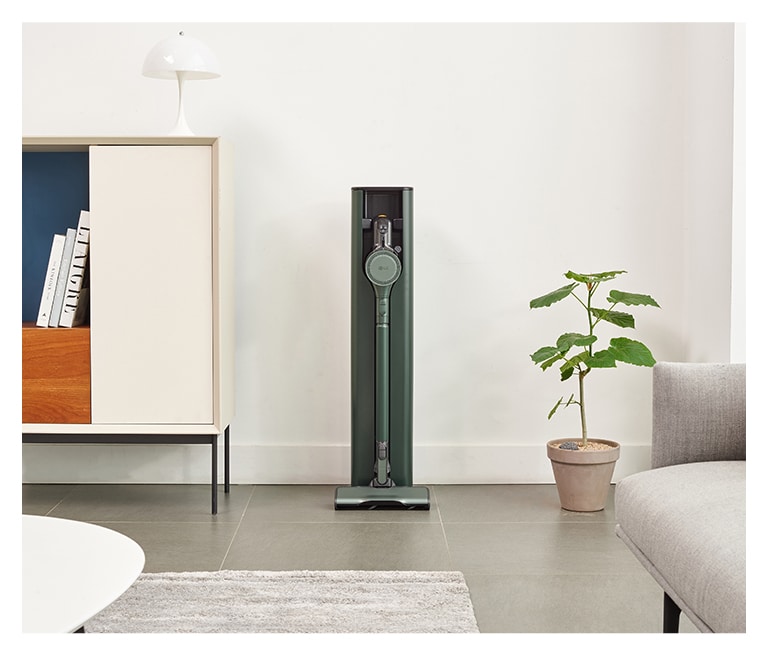 It shows nature green color LG Objet Collection A9T-Steam is placed in the Living Room that matches naturally to the furniture around.
