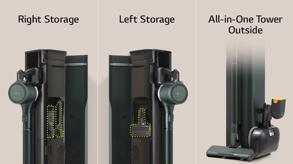 It shows the right storage space, the left storage space, and the wet mop attached to the outside of the vacuum cleaner.