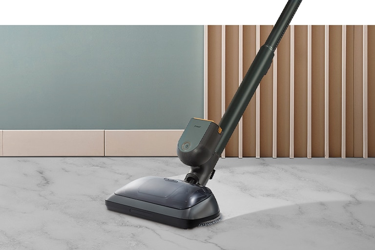 This image shows the floor that has been cleaned using the Steam Power Mop, which operates simultaneously with a wet mop and vacuum cleaner.