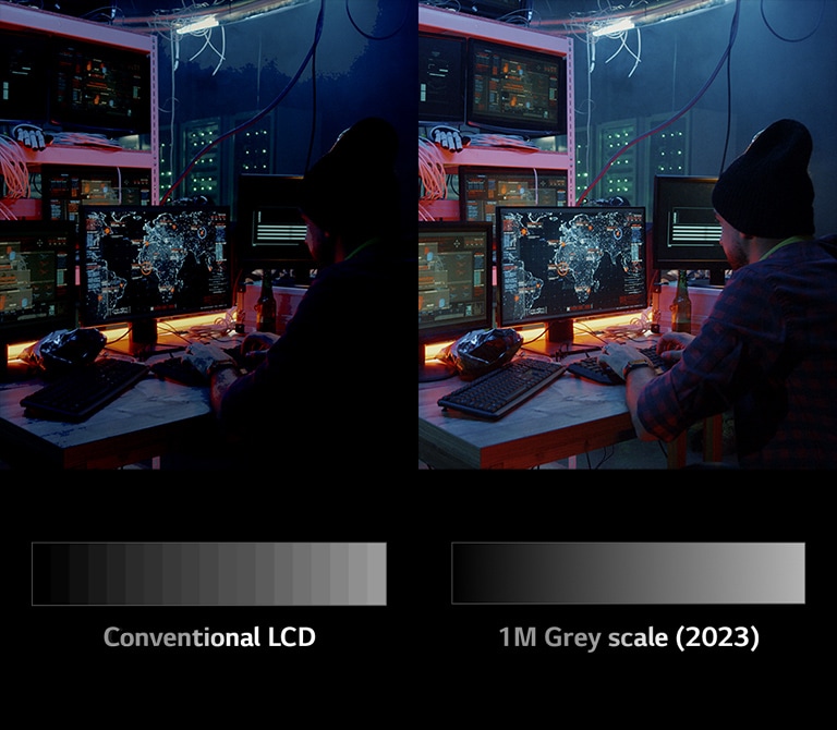 Through the split screen, a man is seen looking at a monitor in a dark room. The difference in image quality between the left and right sides is compared.