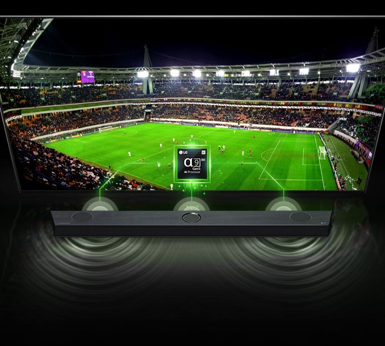 There is an image of 'Alpha 9 Chip' on the TV and a sound bar just below it. And on TV, the screen of the soccer stadium, the woman walking on the sunset beach, and the concert hall are shown one after another, and on the sound bar, the sound wave effect and color change according to the screen.