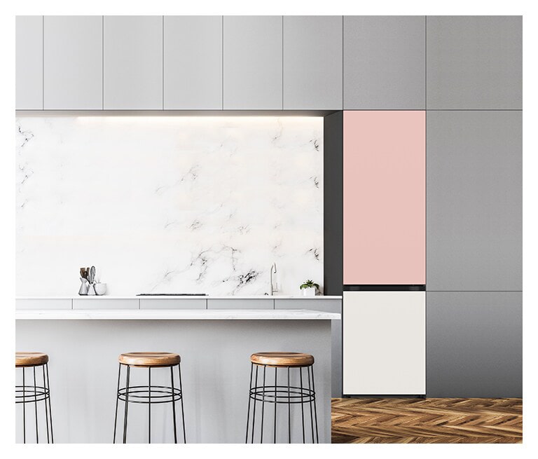 It shows mist beige color LG Bottom Freezer Objet Collection is placed in the kitchen that matches naturally to the furniture around.