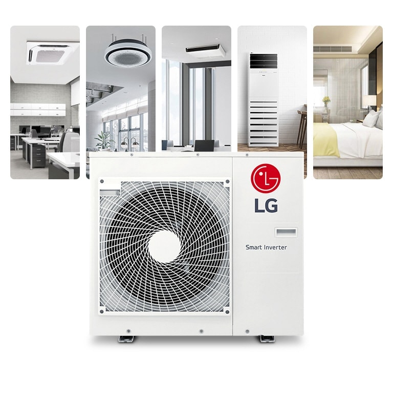 Menampilkan unit outdoor LG Smart Inverter di tengah, dilengkapi dengan berbagai kotak pemasangan unit indoor dari belakang.