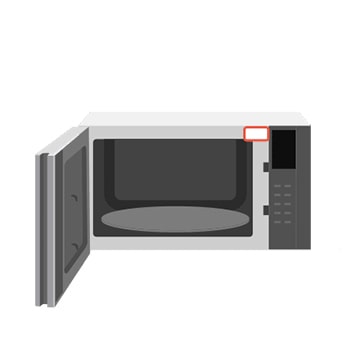 Menunjukkan oven microwave dan lokasi stiker kode QR-nya.