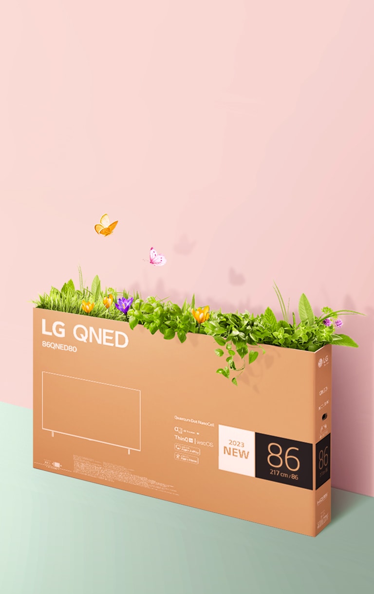 Karton kemasan QNED diletakkan di atas latar belakang berwarna merah muda, hijau dan ada rumput yang tumbuh serta kupu-kupu yang keluar dari dalamnya.