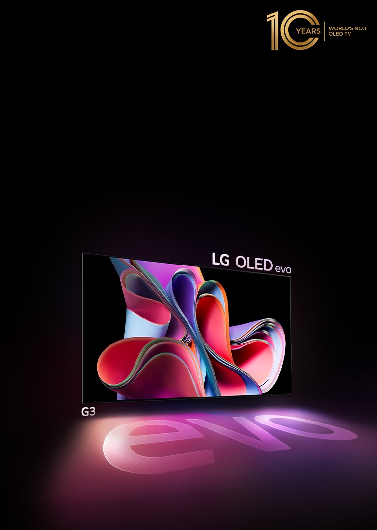 LG OLED G3 evo bersinar terang di ruangan yang gelap. Dan di kanan atas terdapat logo untuk merayakan 10 tahun OLED.