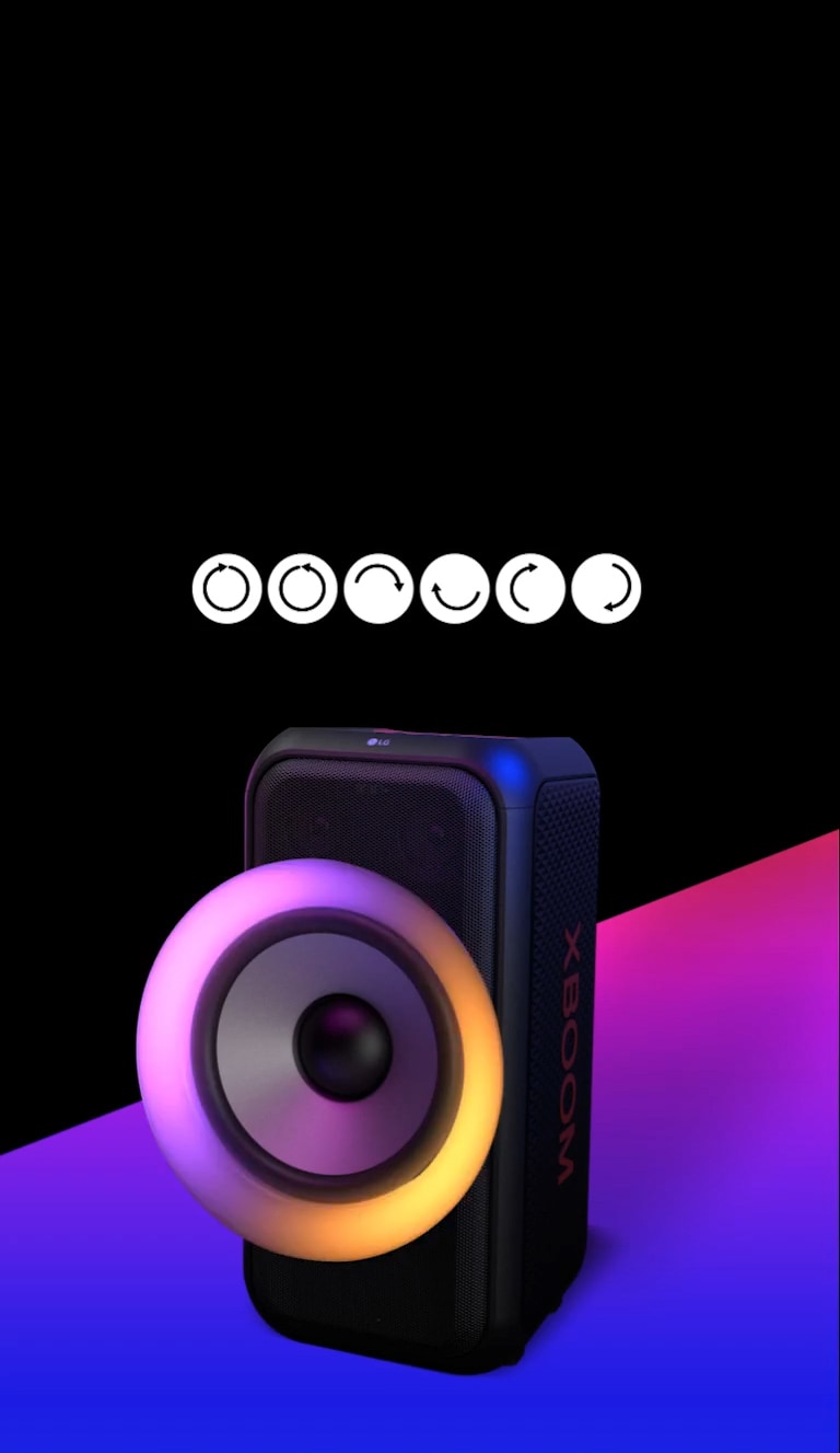 LG XL5S Text is placed on the black colored area, and the pictogram of multi color ring lighting's movements are shown; clockwise, counter-clockwise, upper and lower semicircle, left and right semicircle, and flash effect. The speaker is placed 45 degree angle to the left. And there is purple gradient colored area underneath for design purpose. 6.5-inch woofer is exaggerated in order to highlight its various colors.